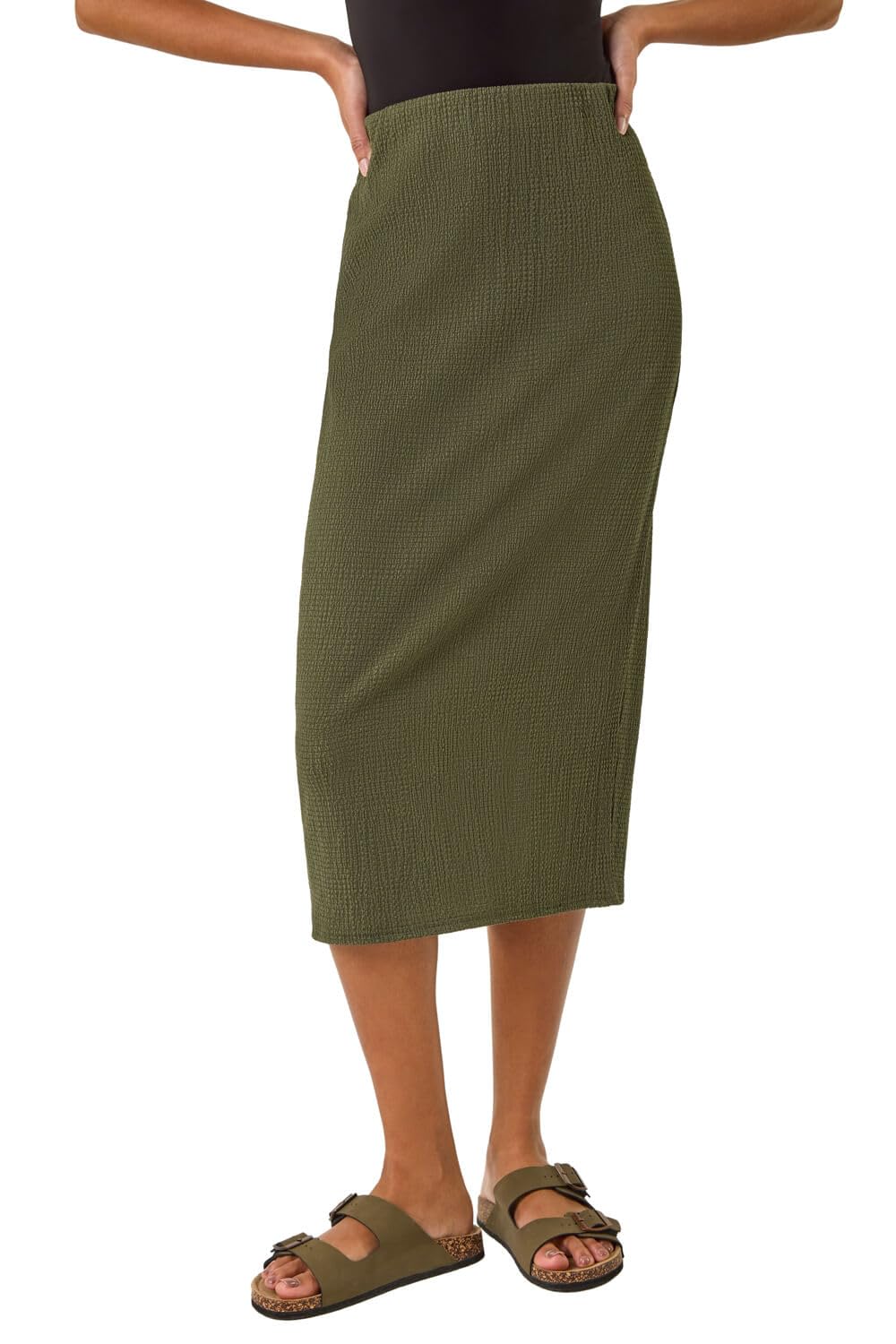 Roman Originals Textured Stretch Midi Skirt for Women UK - Ladies Everyday Holiday Spring Summer Comfy Soft Evening Vacation Work Party - Khaki - Size 14