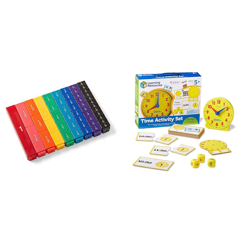 hand2mind Plastic Rainbow Fraction Tower Cubes Montessori Math Materials for Kids Bundle (Set of 51) + Learning Resources Time Activity Set (41 Pieces)