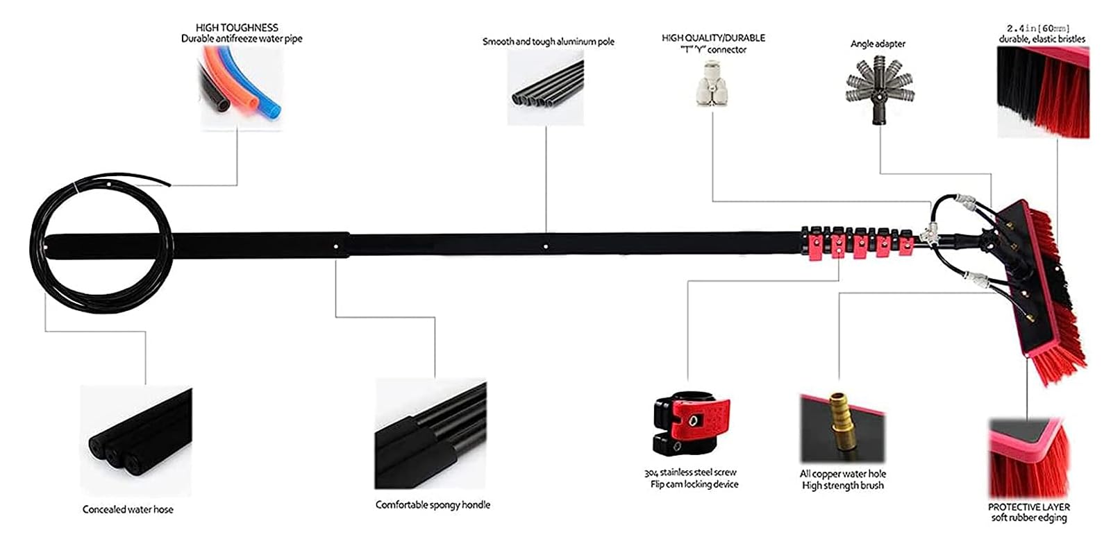 Kit de limpieza de paneles de 3,6 10,8 m, herramienta de limpieza de ventanas alimentada por agua, poste de aleación de aluminio para mantenimiento de paneles al aire libre