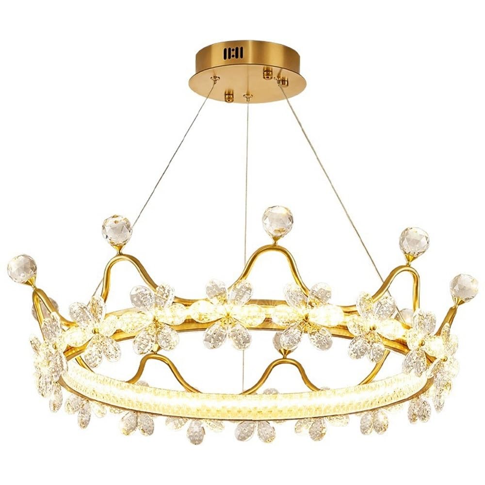 SYAXVOM Modern Round Gold Crown Hanging Lamps Crystal Lampshade Pendant Light Fixtures Wrought Iron Lamp Body Chandelier for Living Room Bedroom