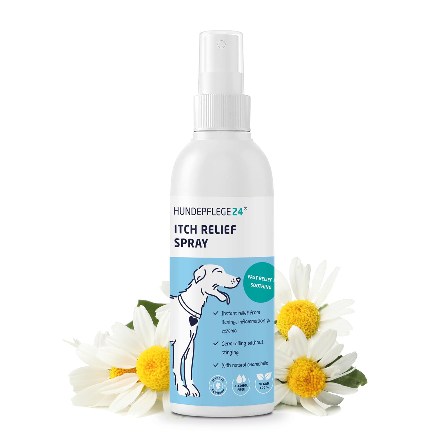 Hundepflege24 Itch Relief Spray for Dogs 125ml - Acute immediate relief & effective soothing for inflammation, mites, grass mites, fungi, fleas - Pet care product for itching in dogs