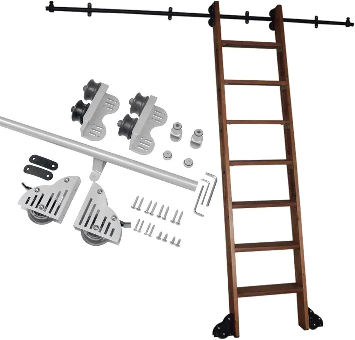 100-600cm Library Sliding Ladder Hardware Rolling Full Set Track Kit Retractable for Wooden Ladder (No Ladders), Floor Roller with Brake, 330 lbs Capacity(16ft/500cm Track kit)