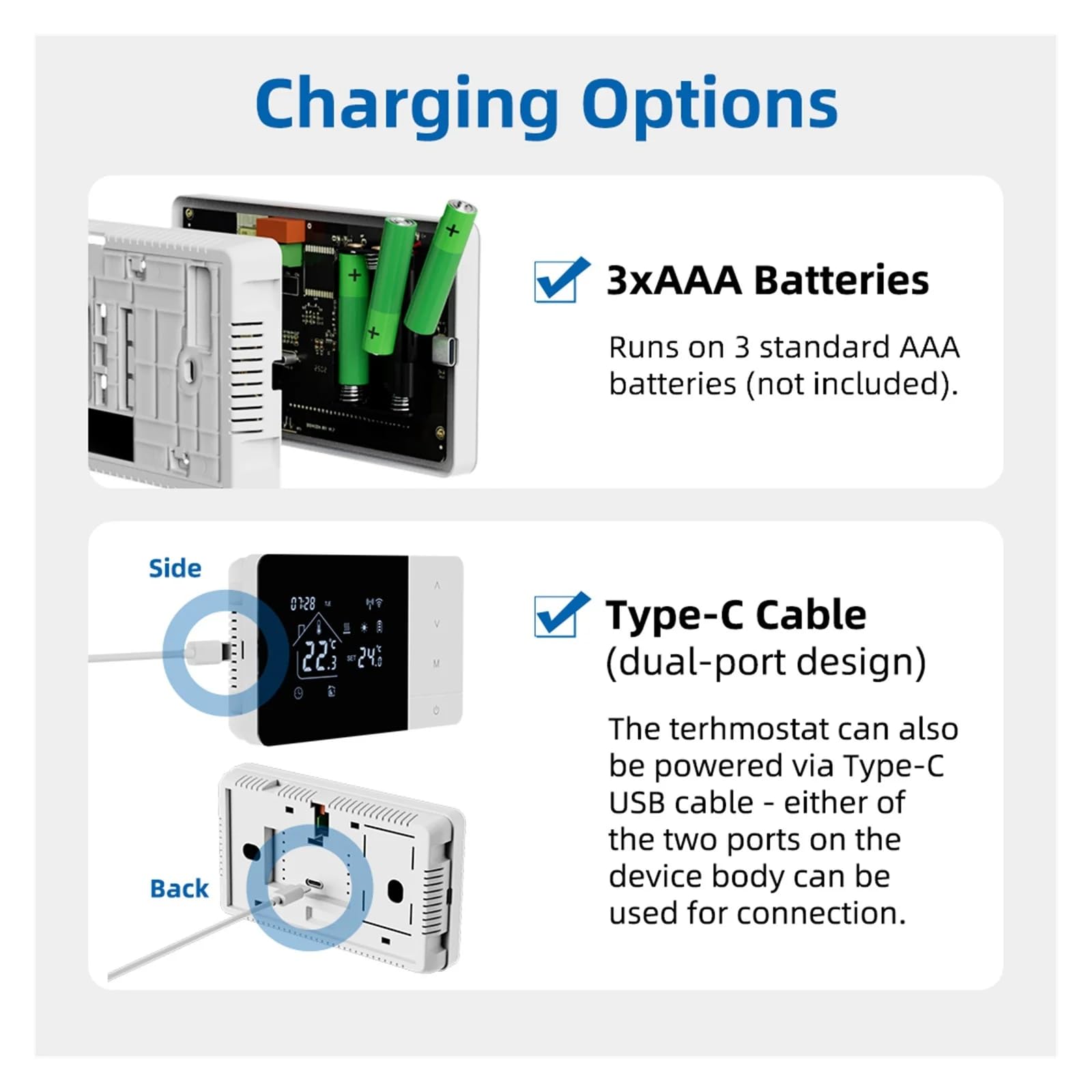 Termostato WIFI a batteria O con Cavo Type-c per caldaia a gas,Termostato Ambiente Programmabile 2 fili da Parete Funzione INVERNO/ESTATE,Cronotermostato Settimanale Digitale (Batterie escluso)