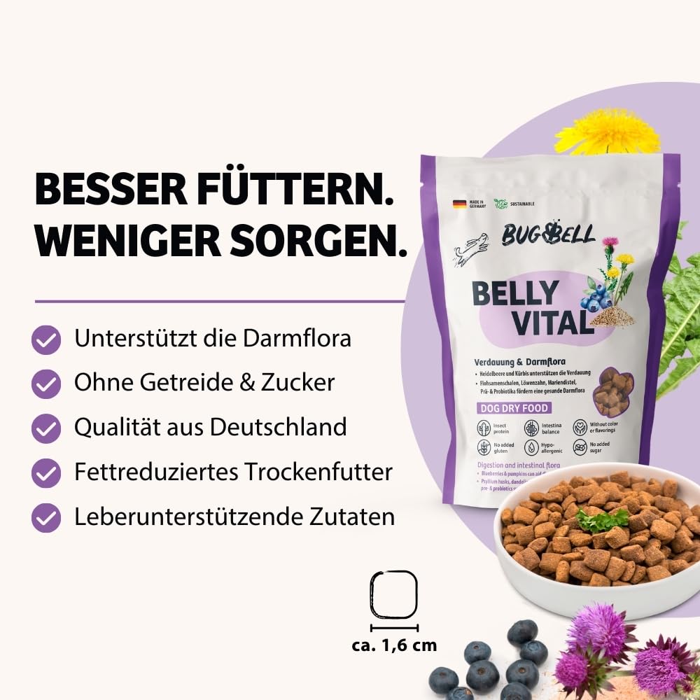 BugBell 800g BellyVital - Premium Trockenfutter mit Insekten - Fettreduziertes Trockenfutter für Hunde - Verdauung & Darmflora mit Präbiotika - Hundefutter trocken mit Löwenzahn (Packung mit 2)
