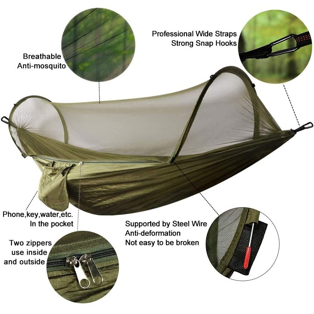 Hamak Kempingowy z Moskitierą, Przenośny Namiot Hamakowy Podróżny, Lekki Hamak Podróżny 2 w 1, na Patio Piesze Wycieczki Podróże (Color : Army green, Size : 290x140cm)