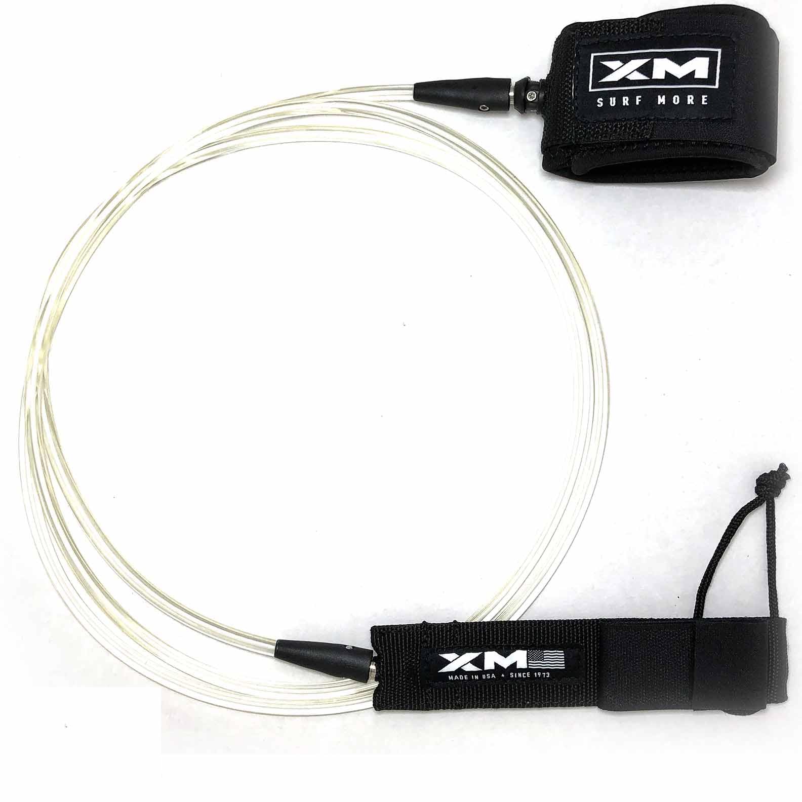 XM SURF MORE CORE Surboard Leash 10ft., Clear Cord with Color Injected Core, COMP Cord Thicknes (.220 in.), Key Pocket, Unbreakable Swivels, Detachable Railsaver, Made in USA