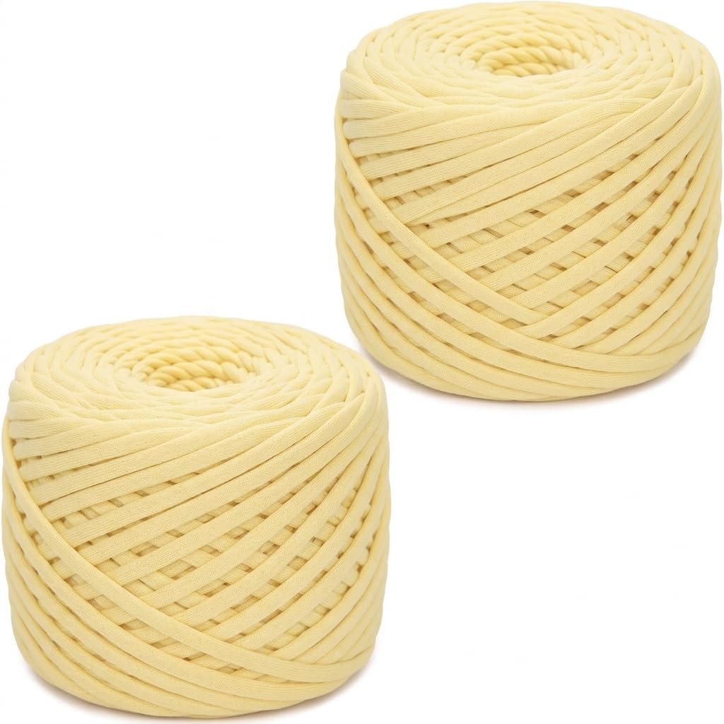 2×285g Pack T Shirt Yarn, Crochet Yarn Chunky Yarn for Hand Knitting, Fabric Strip Wool Yarn for Bags, Baskets, Blankets and DIY Home Decor, 285g Each Roll Chunky Wool (Light Yellow)