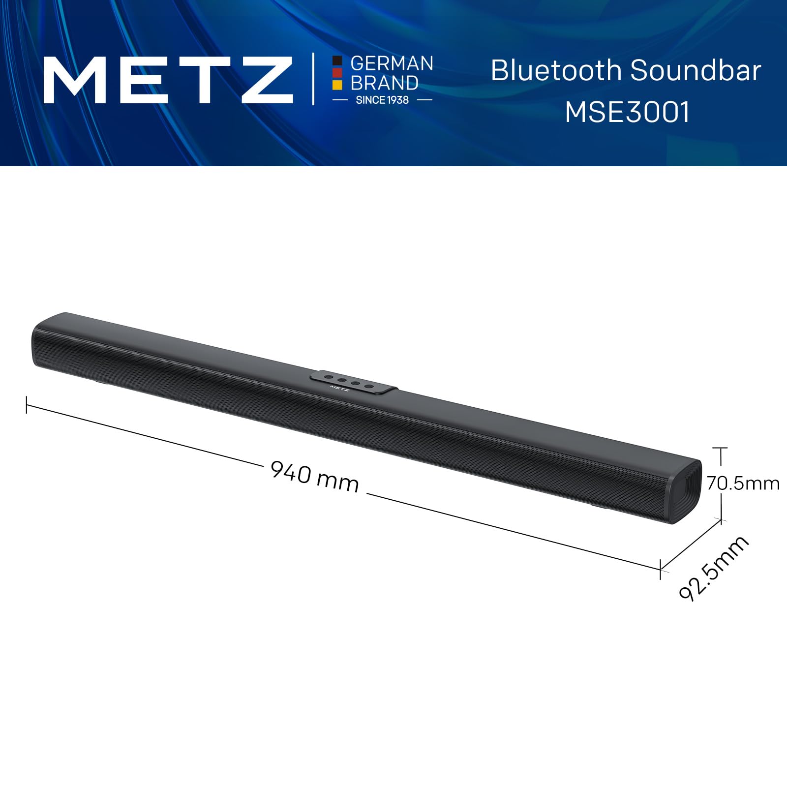 Metz Smart TV, MQE7600Z, 43", QLED, 4K, UHD, HDR 10+, Google TV, Matte Screen, Eye Care, Flicker-Free, Auto Ambient Light Sensor, HDMI, USB, Grigio Soundbar Bluetooth, MSE3001Z