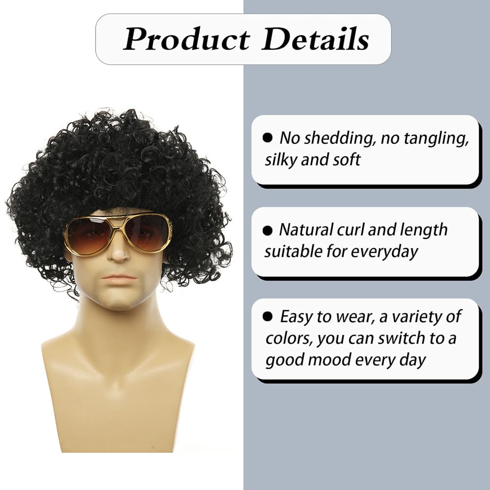 YuanYouTong Short Black Curly Afro Wig, Glueless Afro Kinky Headband Wig for Men Natural Synthetic Hair Wig - Image 3