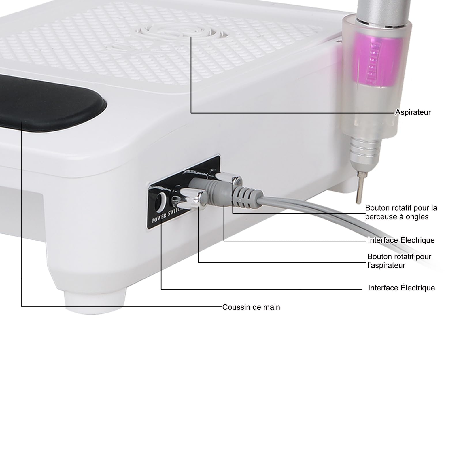 60W Aspirateur Ongle 5 en 1 Professionnel, Onglerie Collecteur de Poussière Faible Bruit, Aspiration Réglable, Pour la Manucure au Salon ou à la Maison(Blanc)