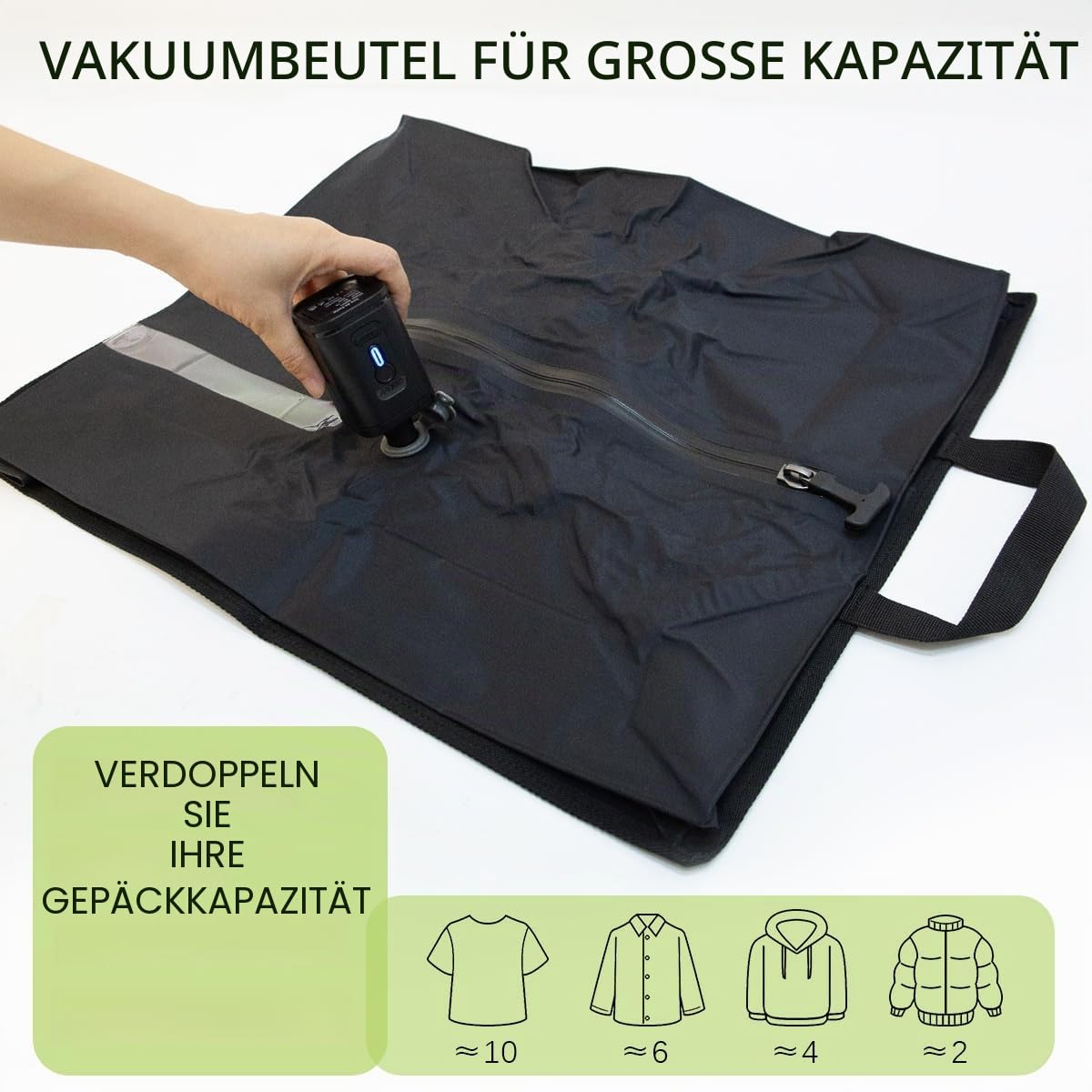Vakuumbeutel für Kleidung mit Kabelloser Pumpe, Wiederverwendbarer Großer Verschlussbeutel, Vakuumbeutel für Kleidung Reise für Bettwäsche, Umzüge, Vakuum Rucksack (2 Stück + Pumpe)