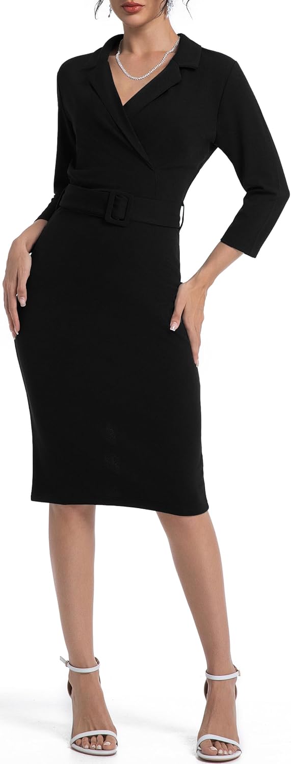 SxClub Business Dresses for Women Elegant Long Sleeve Bodycon Pencil Knee Length Formal Dress for Evening Cocktail