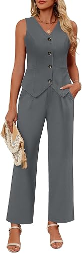 Ficerd Women's 2 Piece Outfits, Sleeveless Cotton Suit Vest and Wide Leg Pant Su