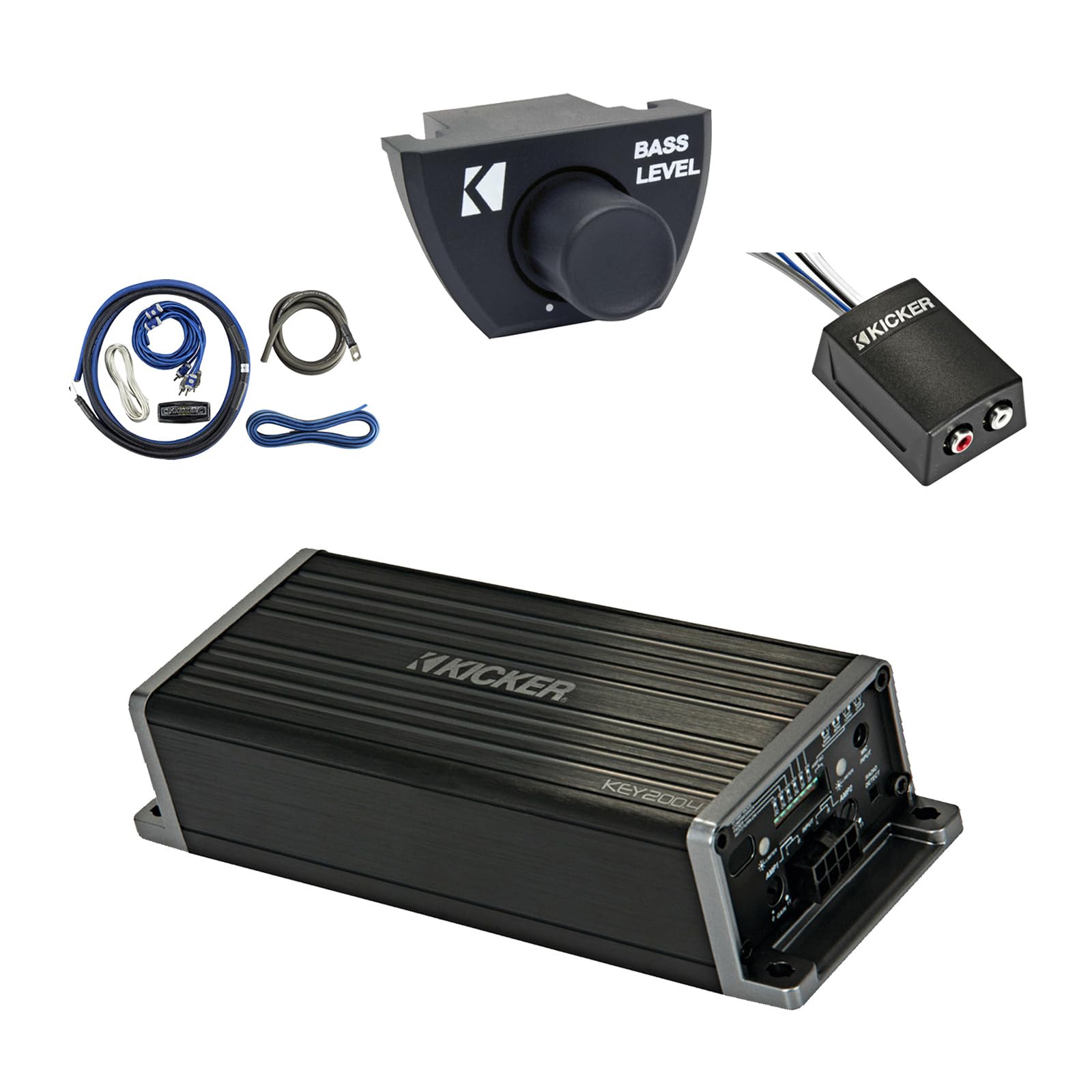 Kicker KEY200.4 200 Watt 4-Channel Full-Range Auto-EQ Smart Amplifier with Remote, Wiring Install Kit, Stereo Line Output Converter