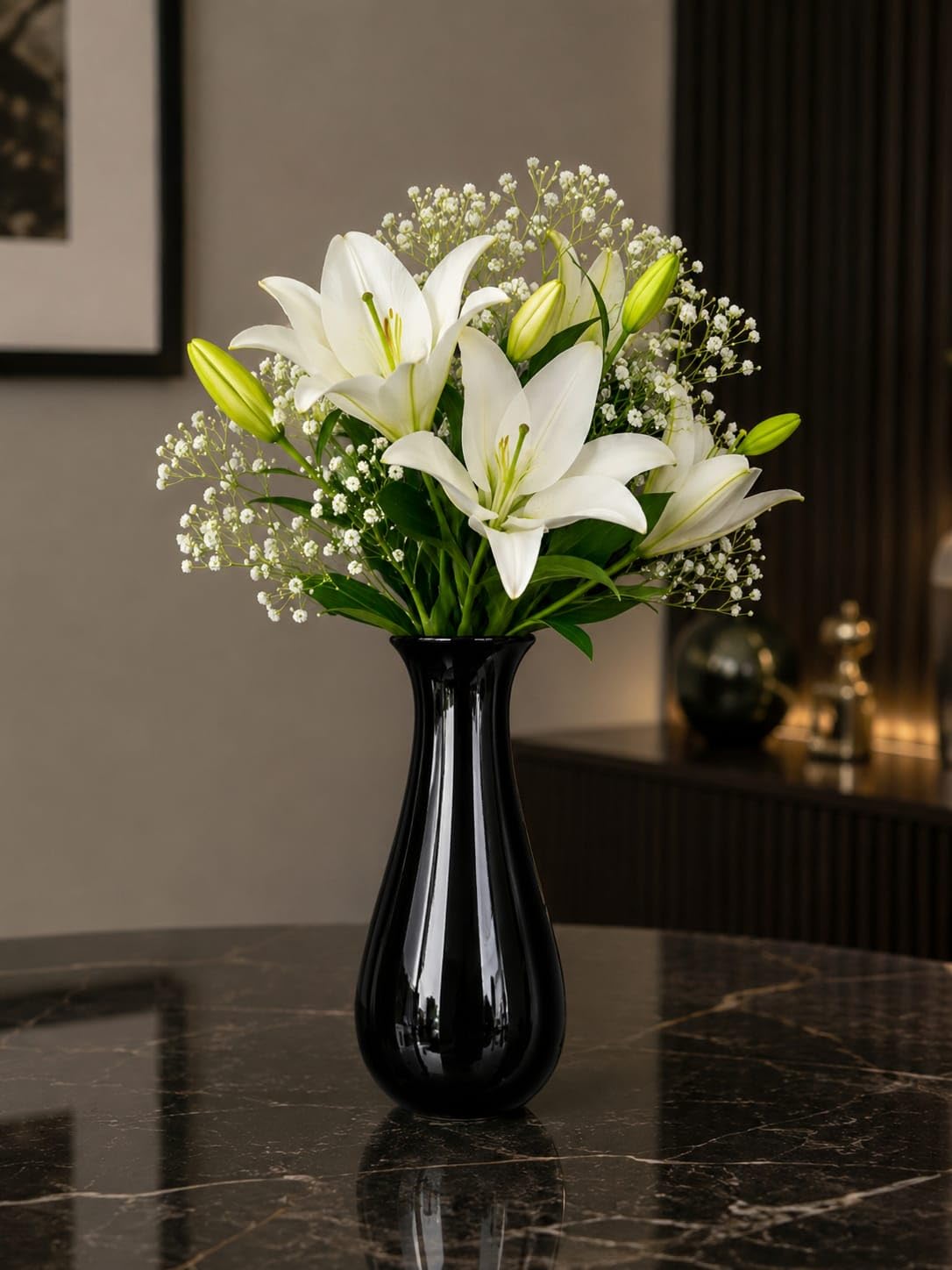 Black Glass Vase with White Lily and Baby's Breath Bouquet, Elegant Home Decor, Table Centrepiece-image-30