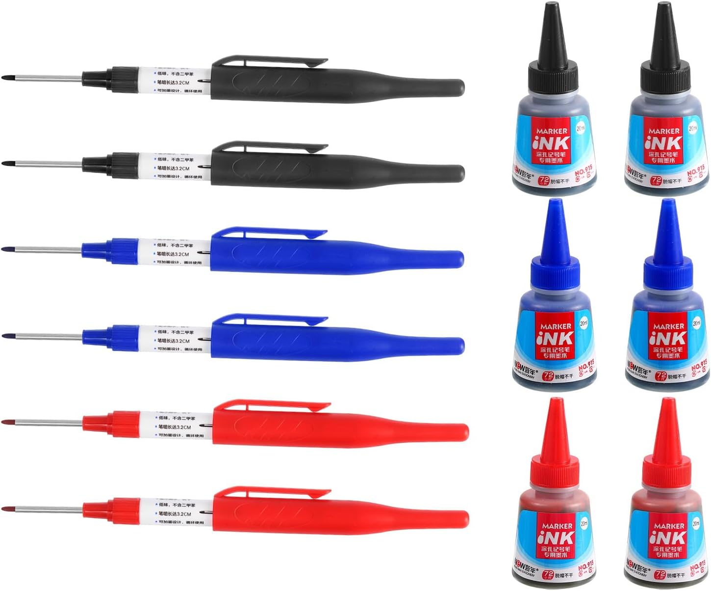 YOKIVE 6 Pcs Deep Hole Marker Pens, Black/Red/Blue Ink Pen with Long Tip with Ink, Deep Hole Marking, Great for Home Decoration, Woodworking, Metal Processing