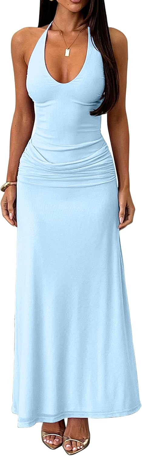 Kaximil Women's Sexy V Neck Halter Maxi Dresses Bodycon Cocktail Wedding Guest Long Dress