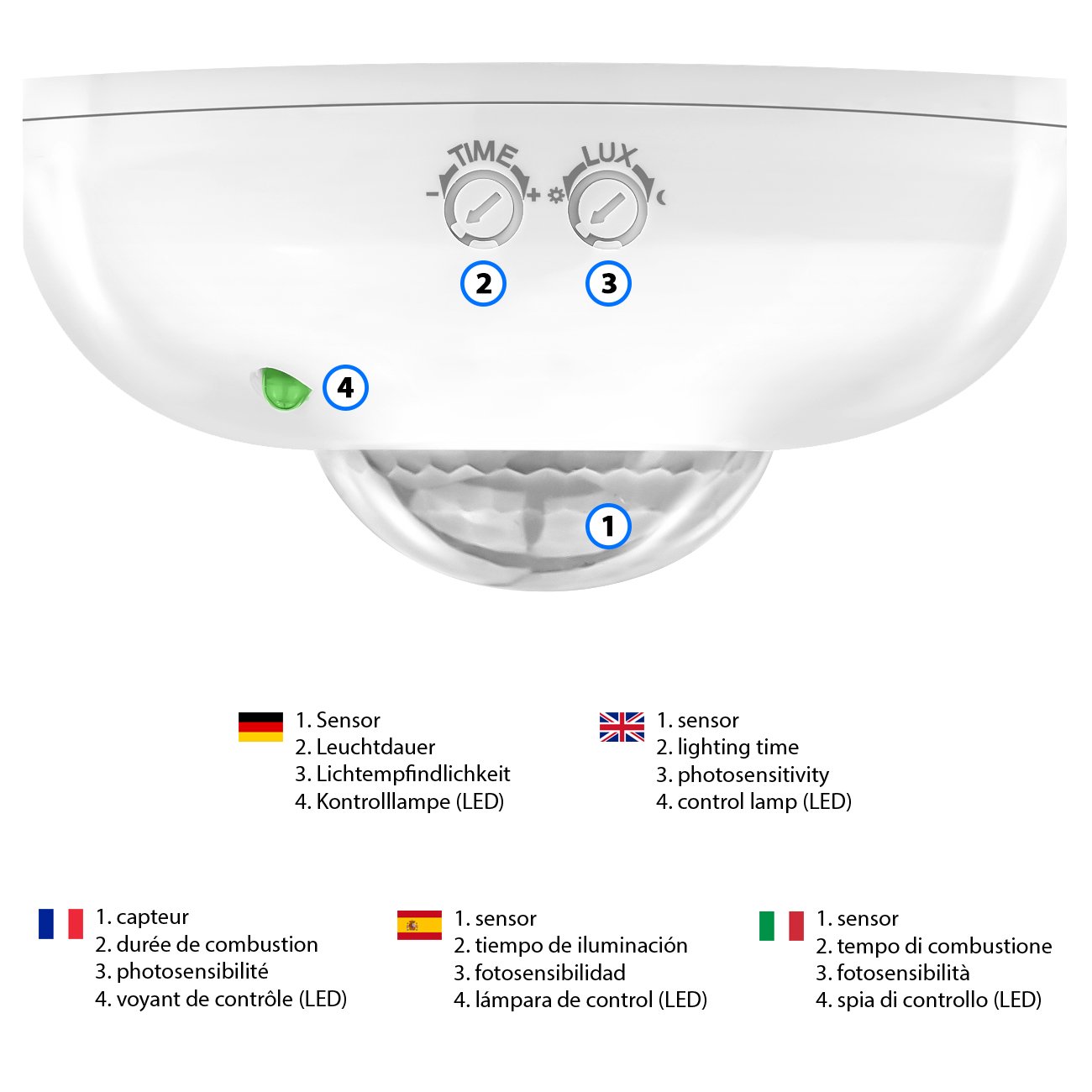 deleyCON 4X Infrarrojos Detector de Movimiento Salir a la Superficie Montaje en Techo Interno Control de Luz Área de Trabajo de 360° Alcance de 6m Sensor de Luz Integrado Blanco