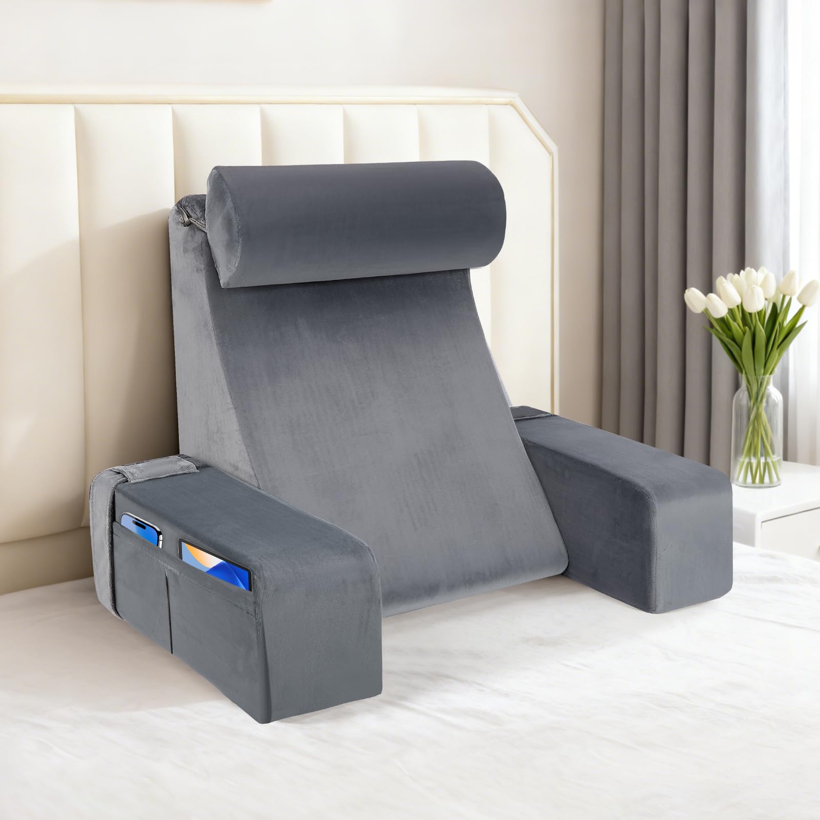 Cuscino da lettura ergonomico con poggiatesta e braccioli rimovibili, supporto per la schiena per letto, divano, pavimento, regolabile per lettura, lavoro e relax