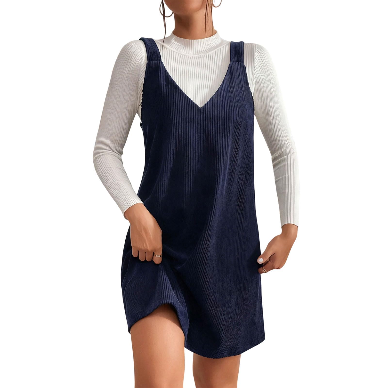 Latzkleid Damen Winter Kurz Kleid Damen Cord A Linie Winterkleid V Ausschnitt Elegant Overallkleid Ärmellos Cordkleid Latz Frühlingskleid Frauen Latzrock Herbstkleid Einfarbig Damenkleider