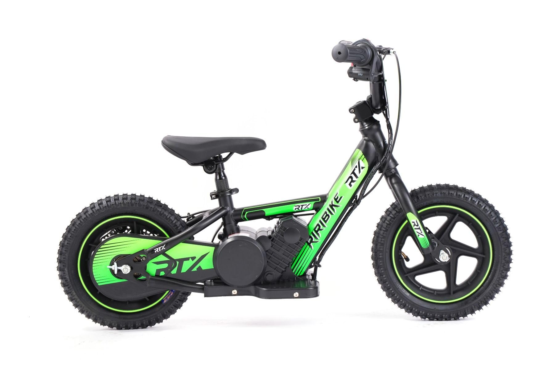 Bici elettrica per bambini RIRIBIKE RTX3 24V (12"), verde, Batteria al litio, Motore 100W, Freno a disco, Sedile regolabile in morbido PU