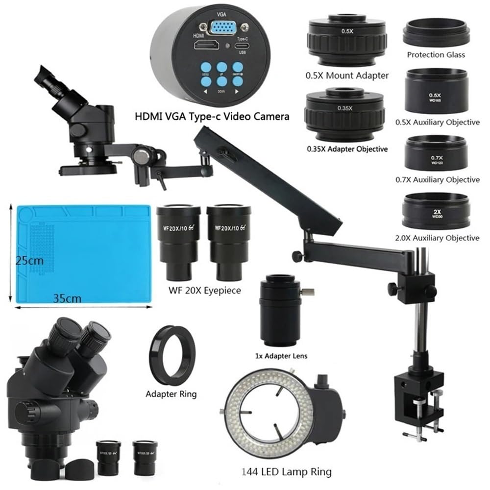 Microscope HDMI VGA Camera Set 3.5X-90X 180X Simul Focus Parfocal Stereo Trinocular Microscope with Clamp Arm