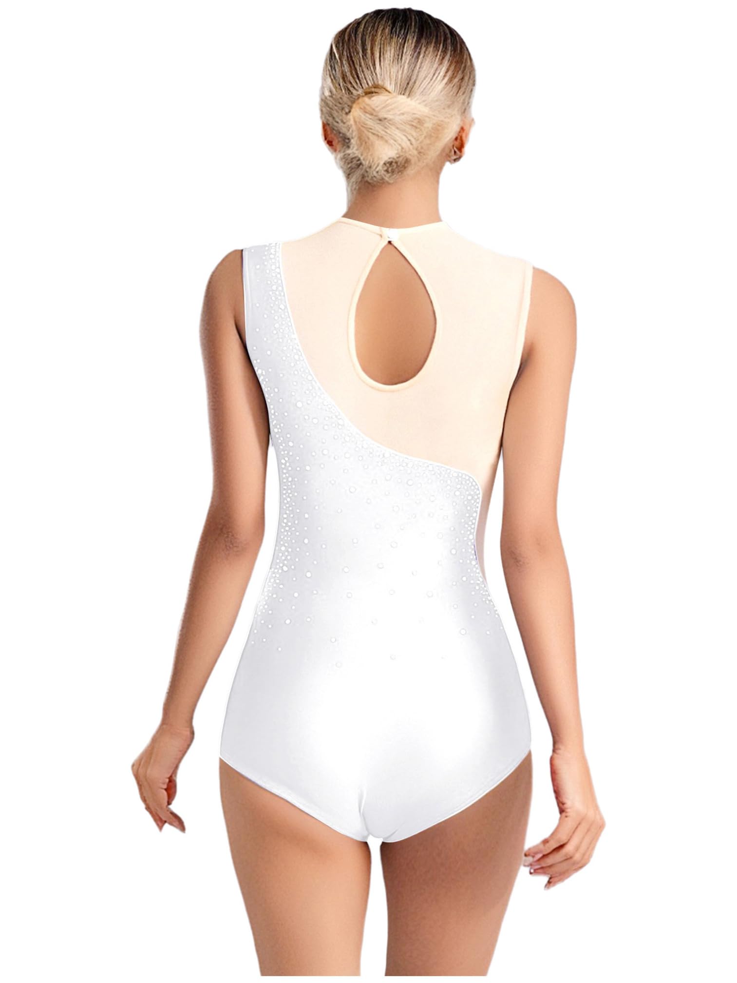 Agoky Damen Glitzer Gymnastikanzug Ärmelloser Turnanzug Eiskunstlauf Anzug | Mesh Spleiß Leotard Rundhals Ballett Body Tanz Bekleidung