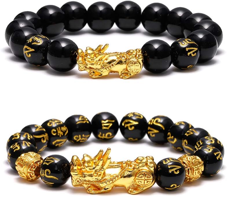 FUTTMI Pi Xiu Bracelet for Men Women - Feng Shui Black Obsidian Wealth Bracelet Adjustable Elastic Good Luck Beads Bracelet Set