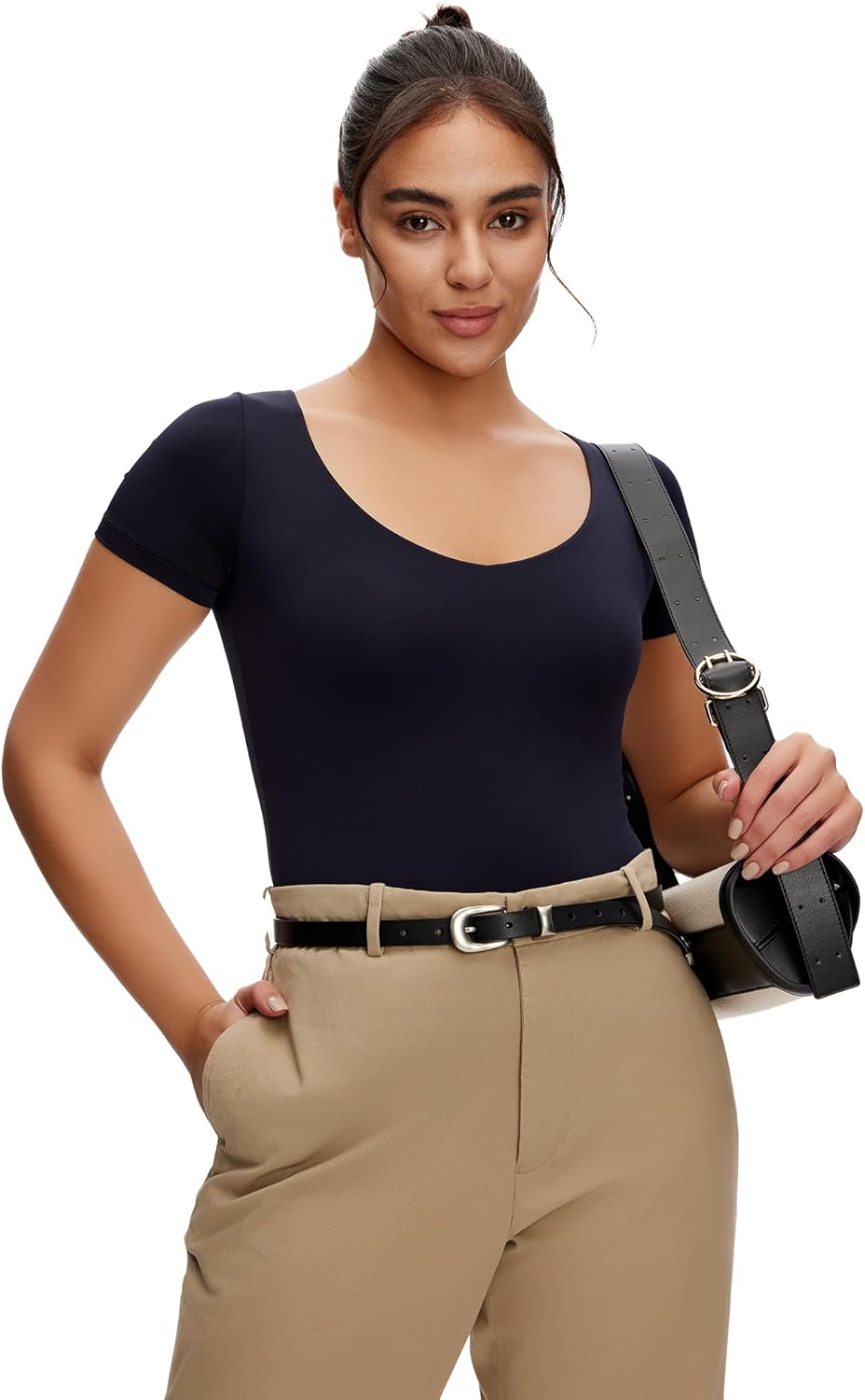 NANJI Short Sleeve Bodysuit for Women - Slim Fit Scoop Neck Body Suit, Stretch Double Lined Tops, Casual Going Out Outfits - Image 6