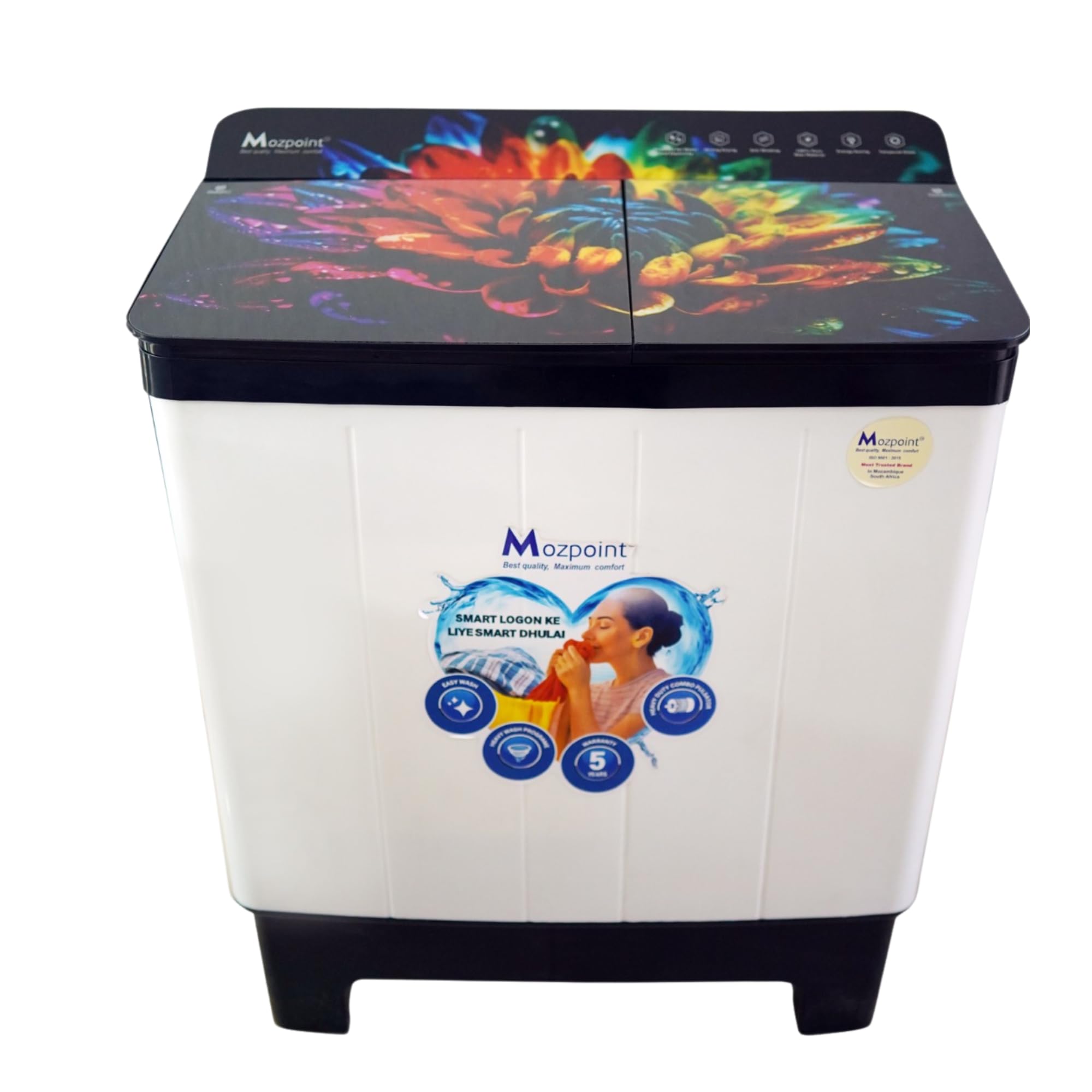 semi automatic washing machine with 5 star rating, 2 wash programs, 35 min wash timer, 5 min spin timer, ivory black 8.5 kg