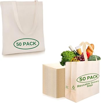 Simply Cool Cotton Beige Reusable Tote Bags 13"x15" 50 Pack and Large Cream Reusable Shopping Bags 14.5"x14"x6.6" Foldable, Tote Bags Bulk 50 Pack