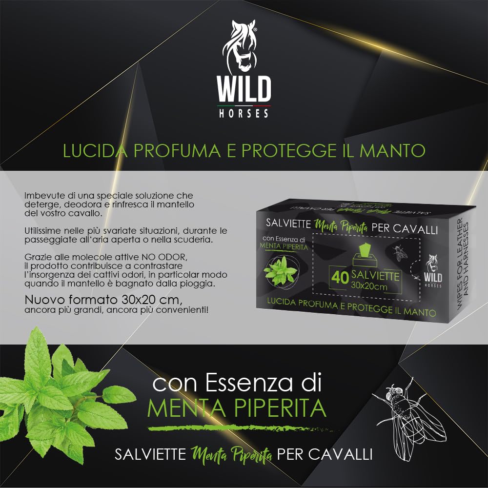 Wild Horses | Salviette Detergenti per Cavalli, Ideali per Lucidare, Profumare e Proteggere il Manto, Menta Piperita, 40 Pz, 30x20cm