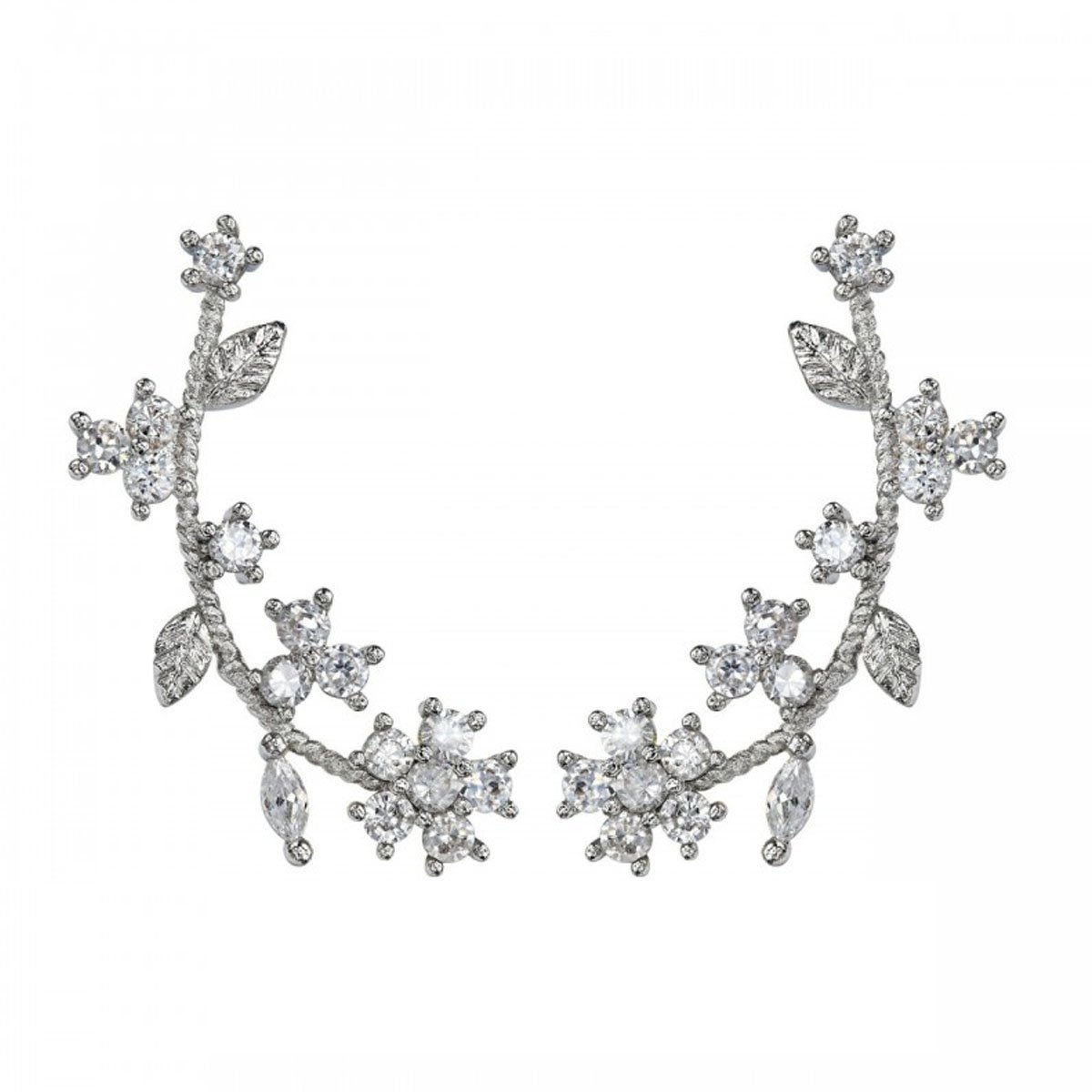 Ear Climber 925 Sterling Silver Post Cubic Zircon Flower Cuff Earring - Women Ladies Stud Earrings (White)