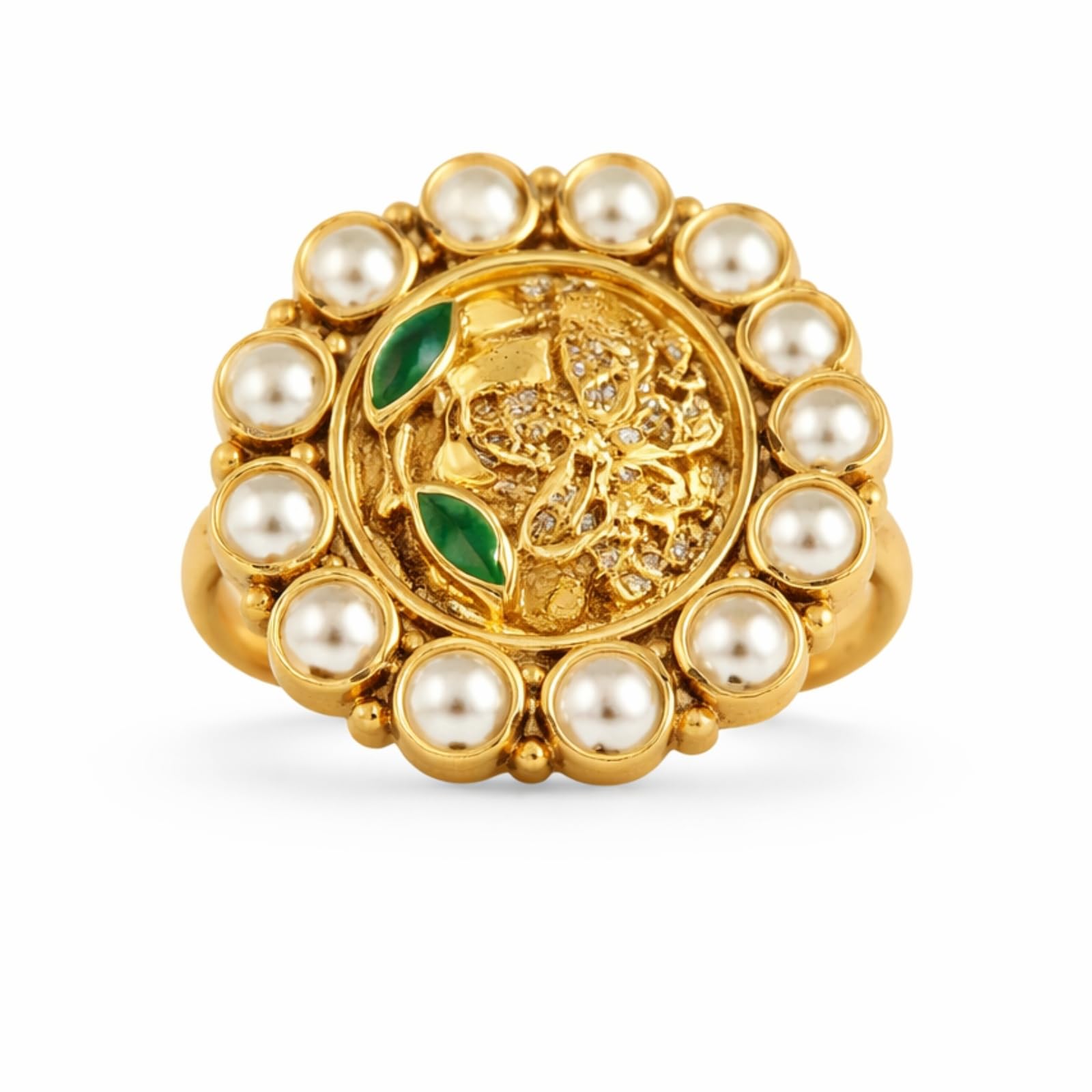 Antique Gold Plated Cocktail Ring for Women – Traditional Statement Ring with Pearl & Green Stone Design | Ethnic Wear Finger Ring | Adjustable Fashion Jewelry-image-41