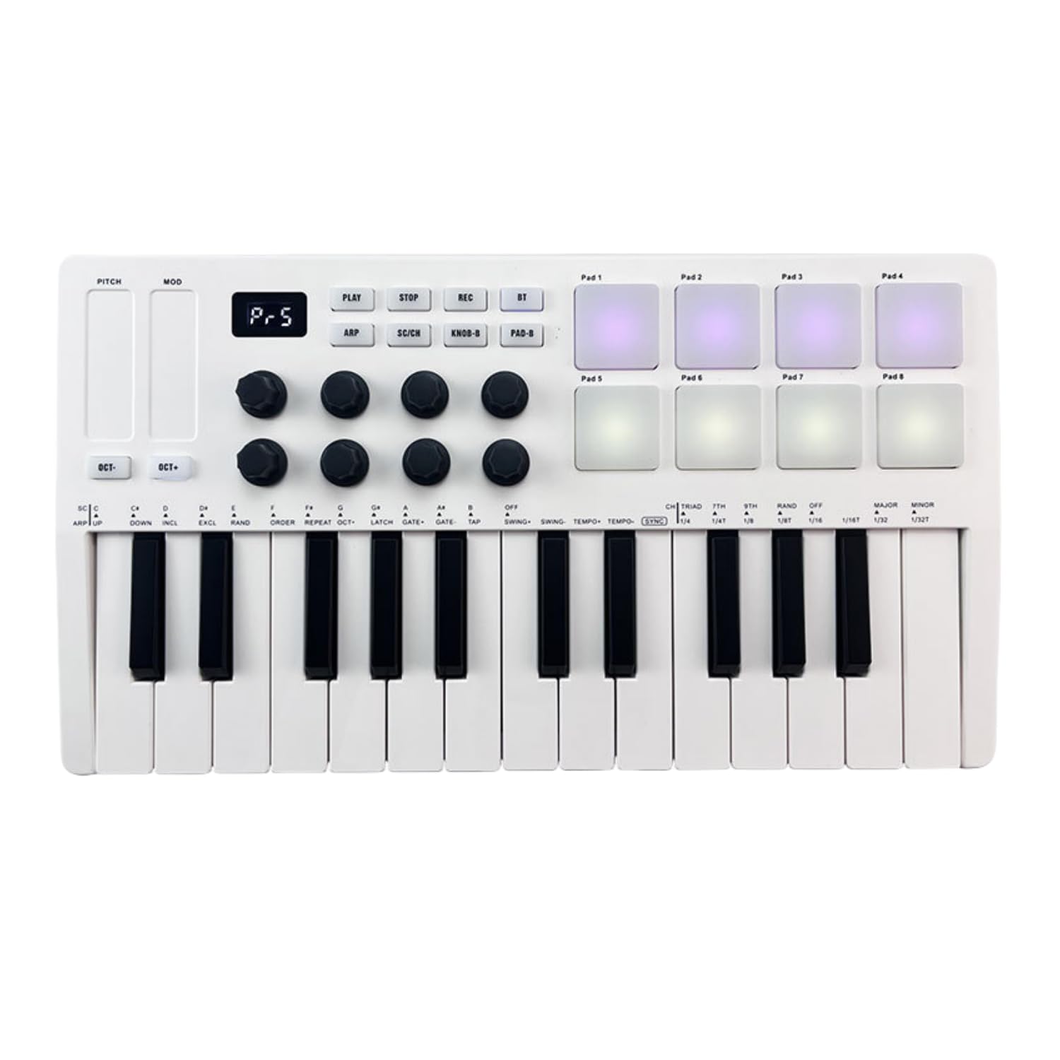 XUMIUZIY Teclado Midi de 25 Teclas, Controlador de Teclado Midi Bluetooth con 8 Almohadillas batería retroiluminadas RGB y 8 perillas, Beat Maker portátil y Keytar para producción Musical