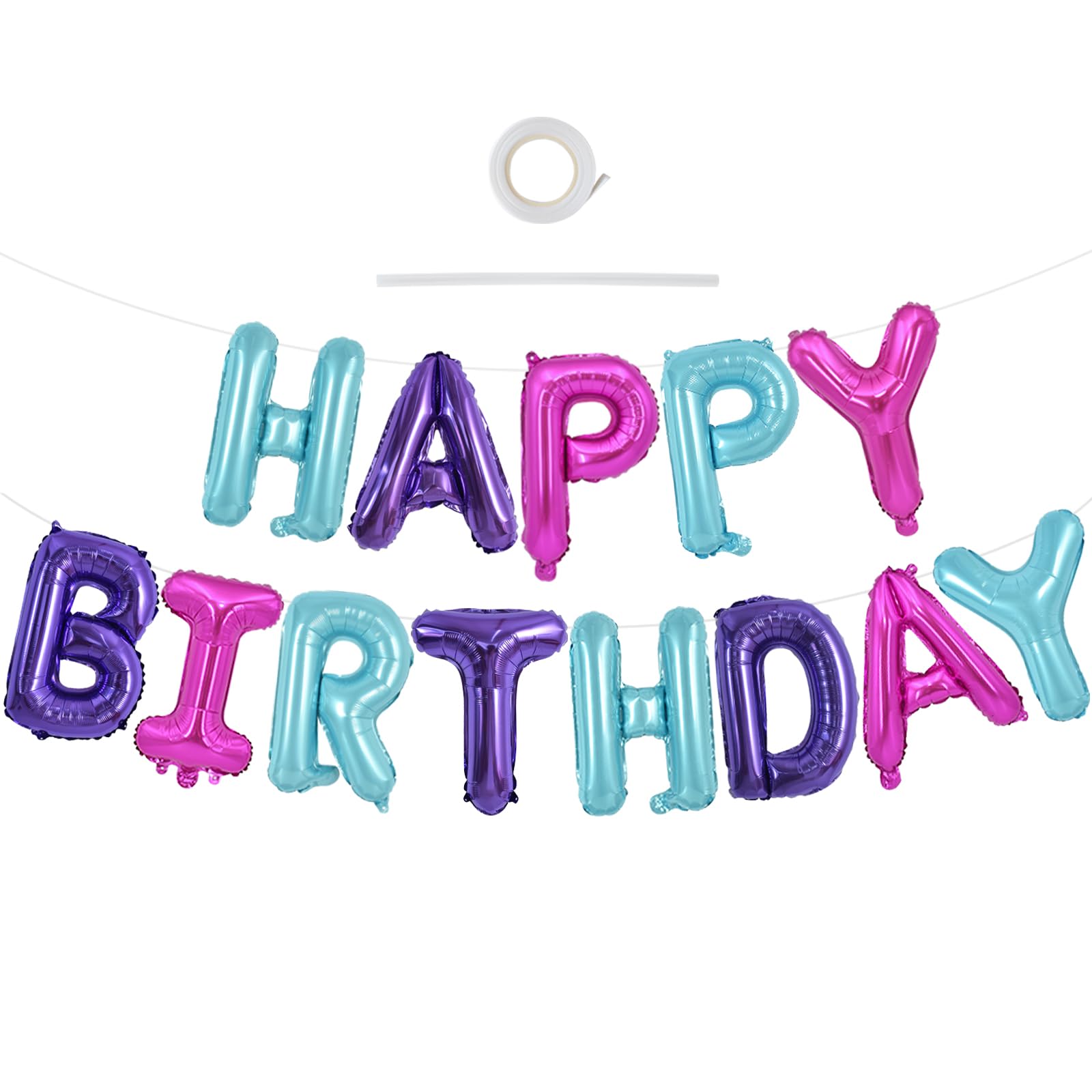 TONIFUL Happy Birthday Balloons Banner with Ribbon Straw,16 Inch Mylar Letters Birthday Sign Banner Balloon Bunting Reusable for Girls Kids & Adults
