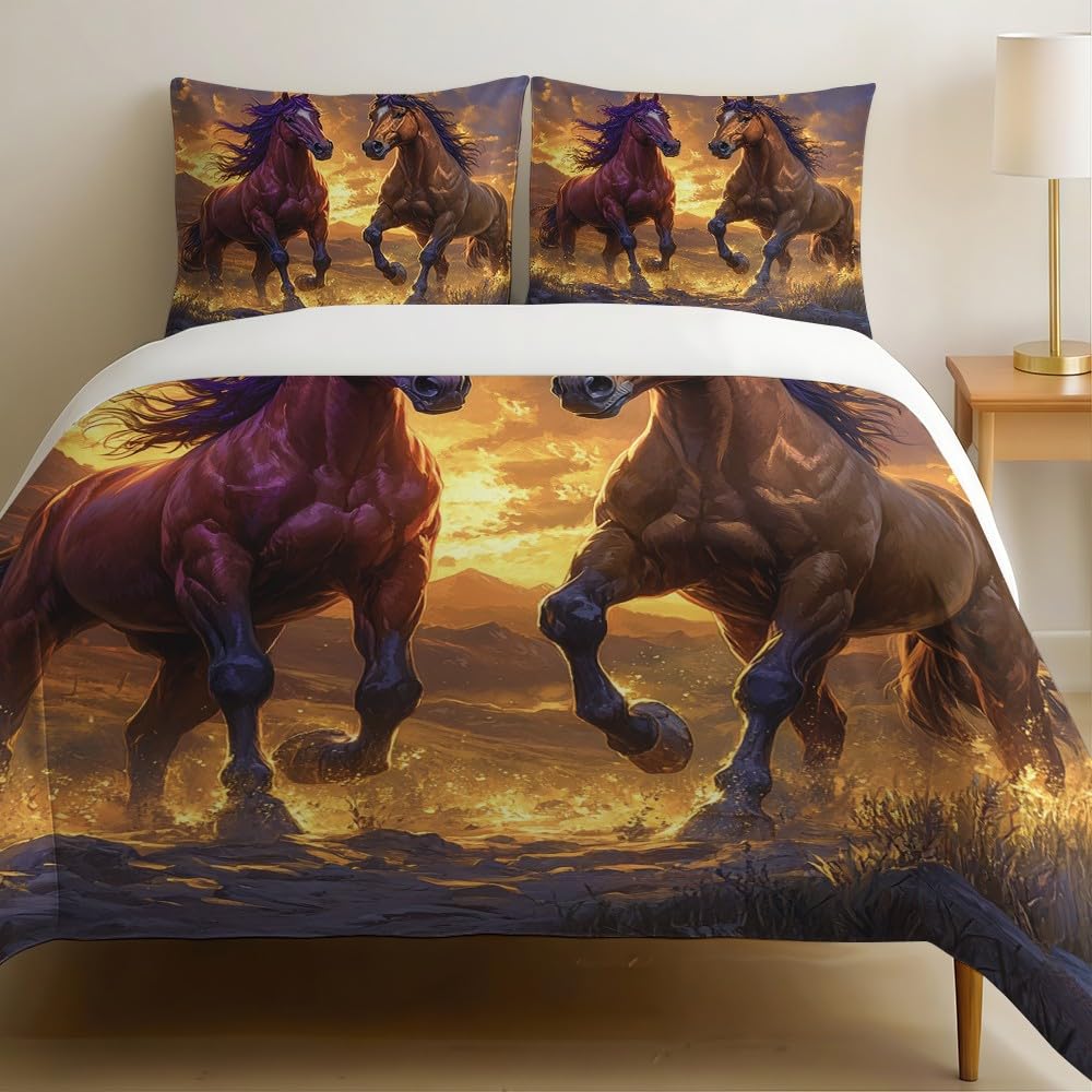 Housse de couette 240x260 chevaux en microfibre douce violet foncé