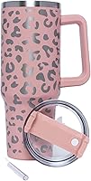Vista 4 de Lashicorn Vaso de 40 onzas con asa y pajita, color rosa, nude, leopardo, plata, tapa de taza de 10 pulgadas de alto, incluida taza de viaje aislada