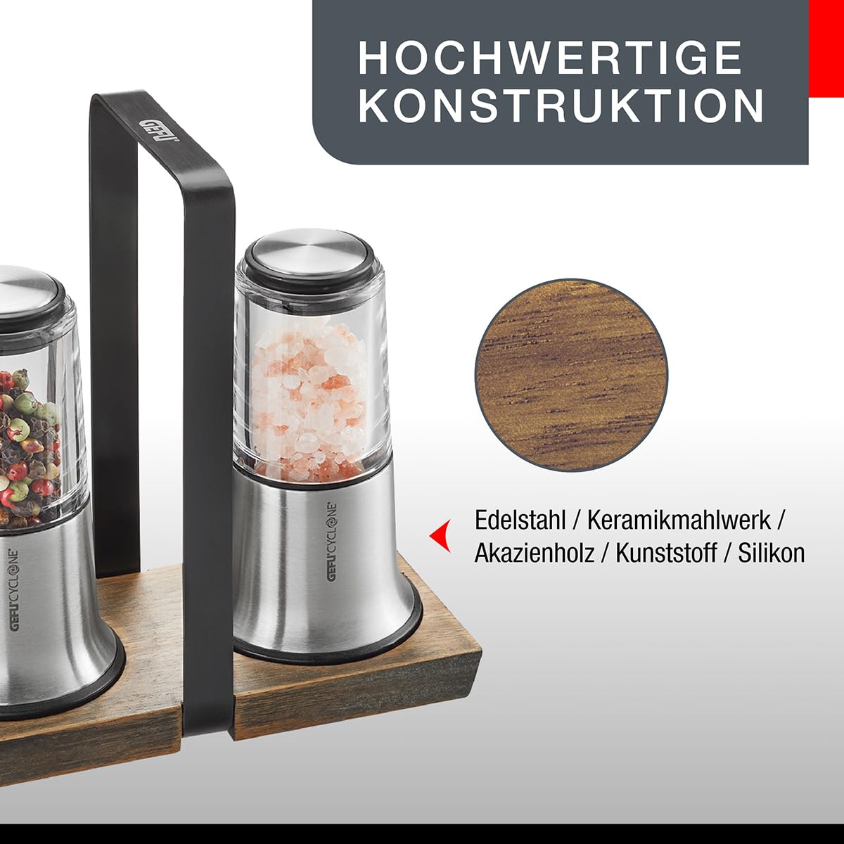 GEFU X-PLOSION Salz- & Pfeffermühlen-Set S mit Akazienholz-Menage | 2 Gewürzmühlen mit CYCLONE Keramikmahlwerk, stufenlos einstellbar, hochwertiges Edelstahl & Akazienholz-Set