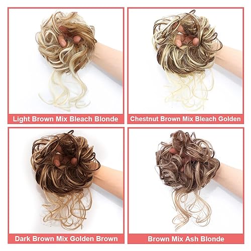 Miniatura 6 de KETHBE Postizo de moño desordenado, extensión de moño alborotado con banda elástica, postizo de cabello rizado para mujer (mezcla de marrón oscuro y