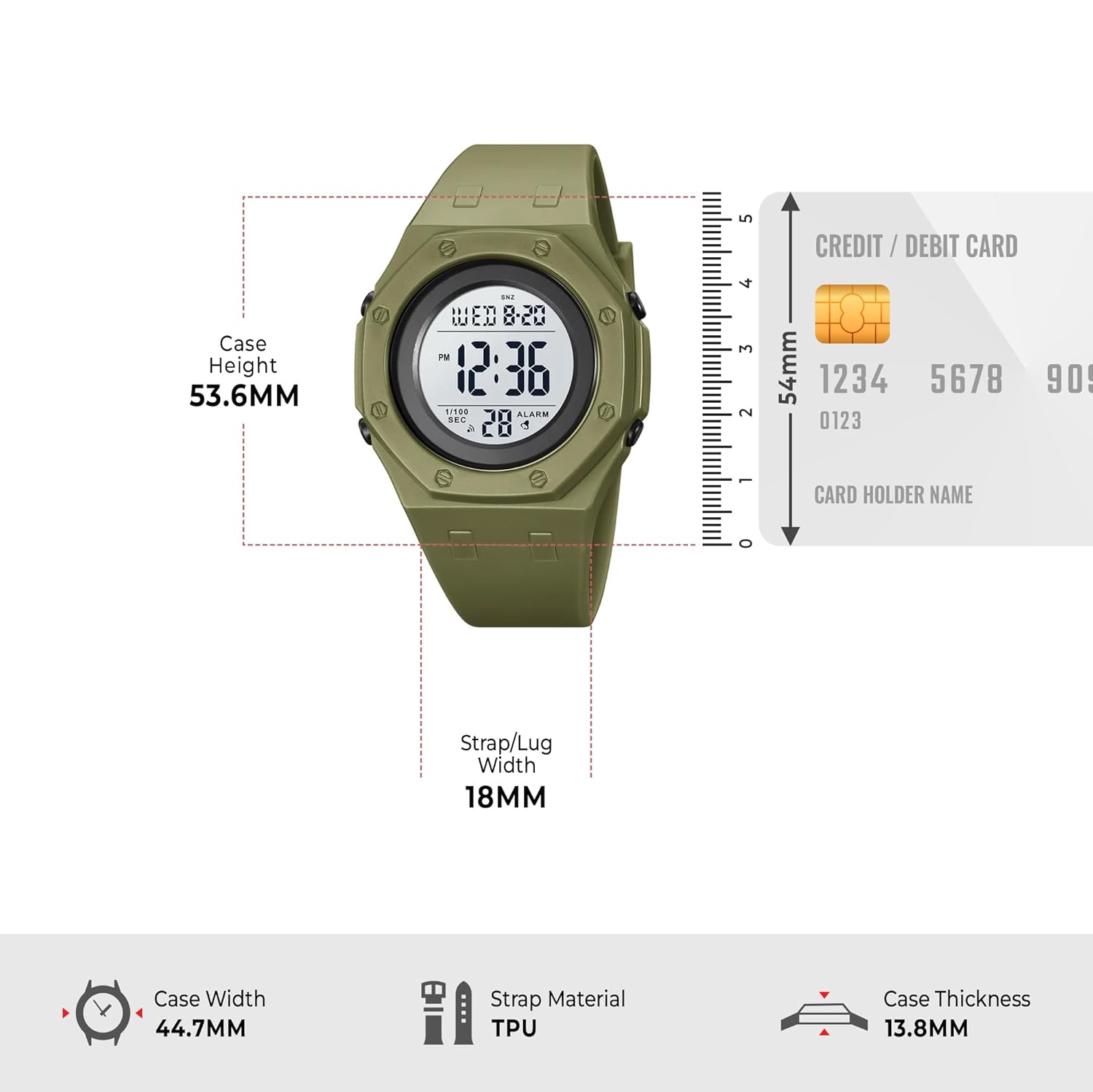 Diagram showing dimensions of SKMEI 2048 watch