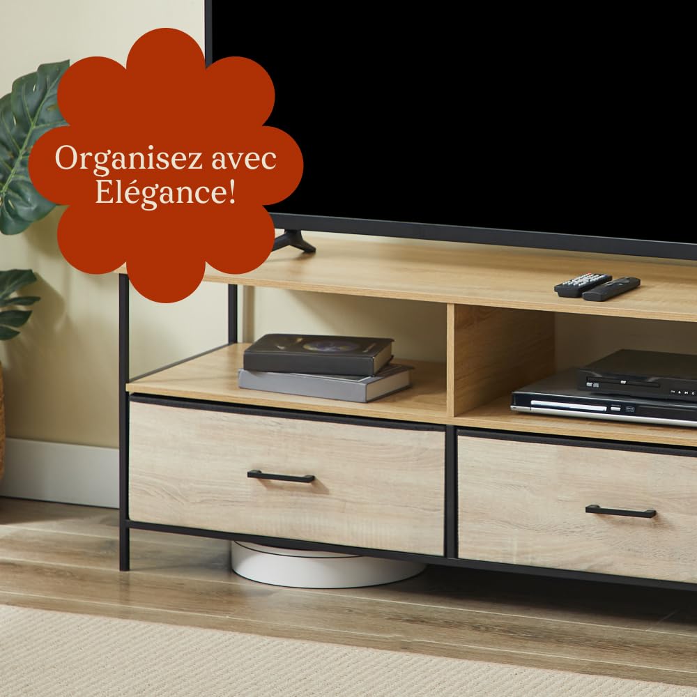 CASABEL Meuble TV 120 cm en métal Noir et Bois, Meuble de Salon avec 2 tiroirs en Tissu Rigide et étagères Ouvertes, Meuble Télé Solide, Design Pratique et résistant