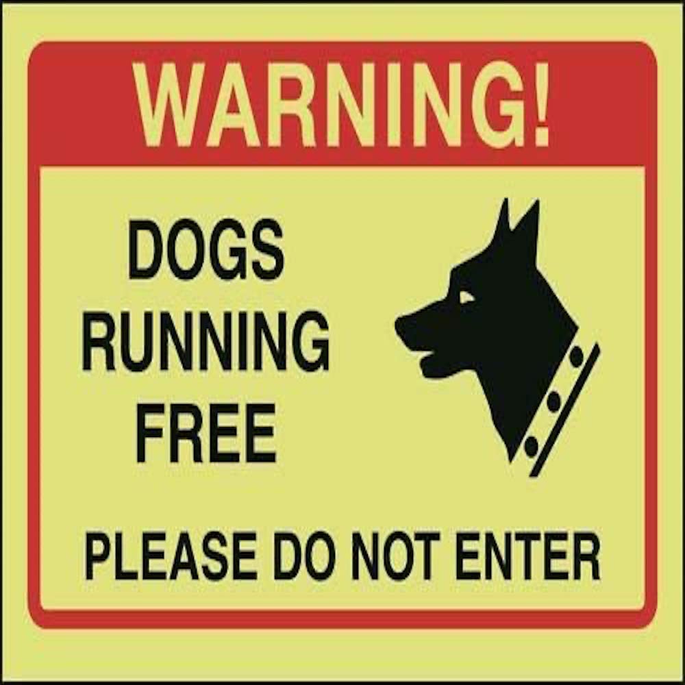 V Safety Dogs Running Free, Please Do Not Enter Sign - 200mm x 150mm - Photoluminescent Rigid Plastic