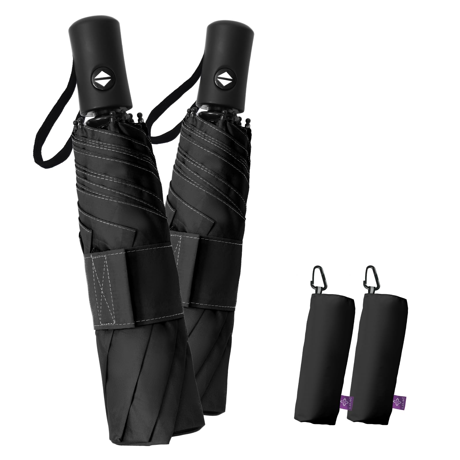 LILAC Regenschirm Klein Stabil Windfest, 110cm Taschenschirm Auf-Zu-Automatik, Kompakter Reiseschirm mit Klettverschluss & Karabiner, Leicht Faltschirm für Damen Herren