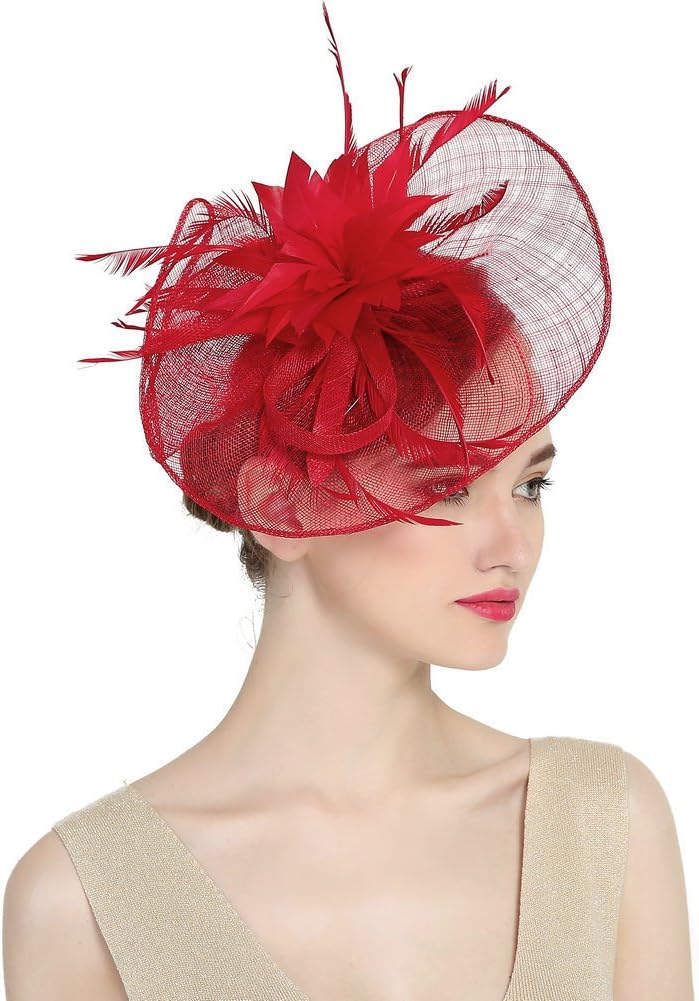 Charming Sinamay Flower Fascinator Hats Derby Hats, Red, Size One Size