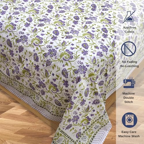 Image of TOAI Hand Block Printed Bedsheet | Bed Sheet Flatsheet | Pure Cotton | Double Bed King Size 108 inchx108 inch | 300 TC Bedsheets | Includes 2 Pillow Covers (Purple Green Floral Spread)