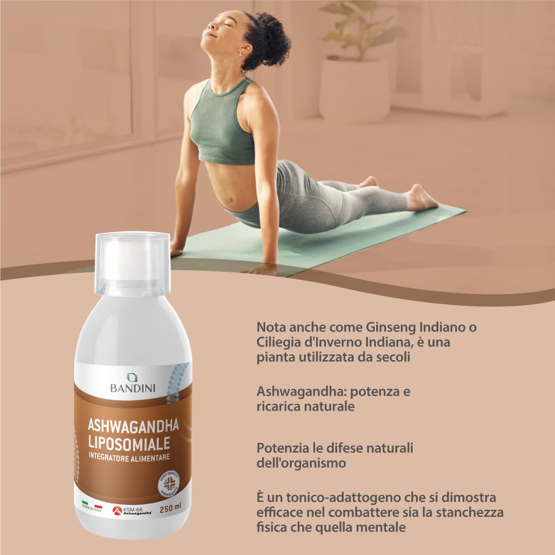 Bandini® Ashwagandha Liposomiale Liquida, Withania Somnifera con il 5% di Withanolidi - Alta Biodisponibilità ed Alto Assorbimento – Effetto Tonico-Adattogeno per Mente e Corpo – Flacone da 250 ml