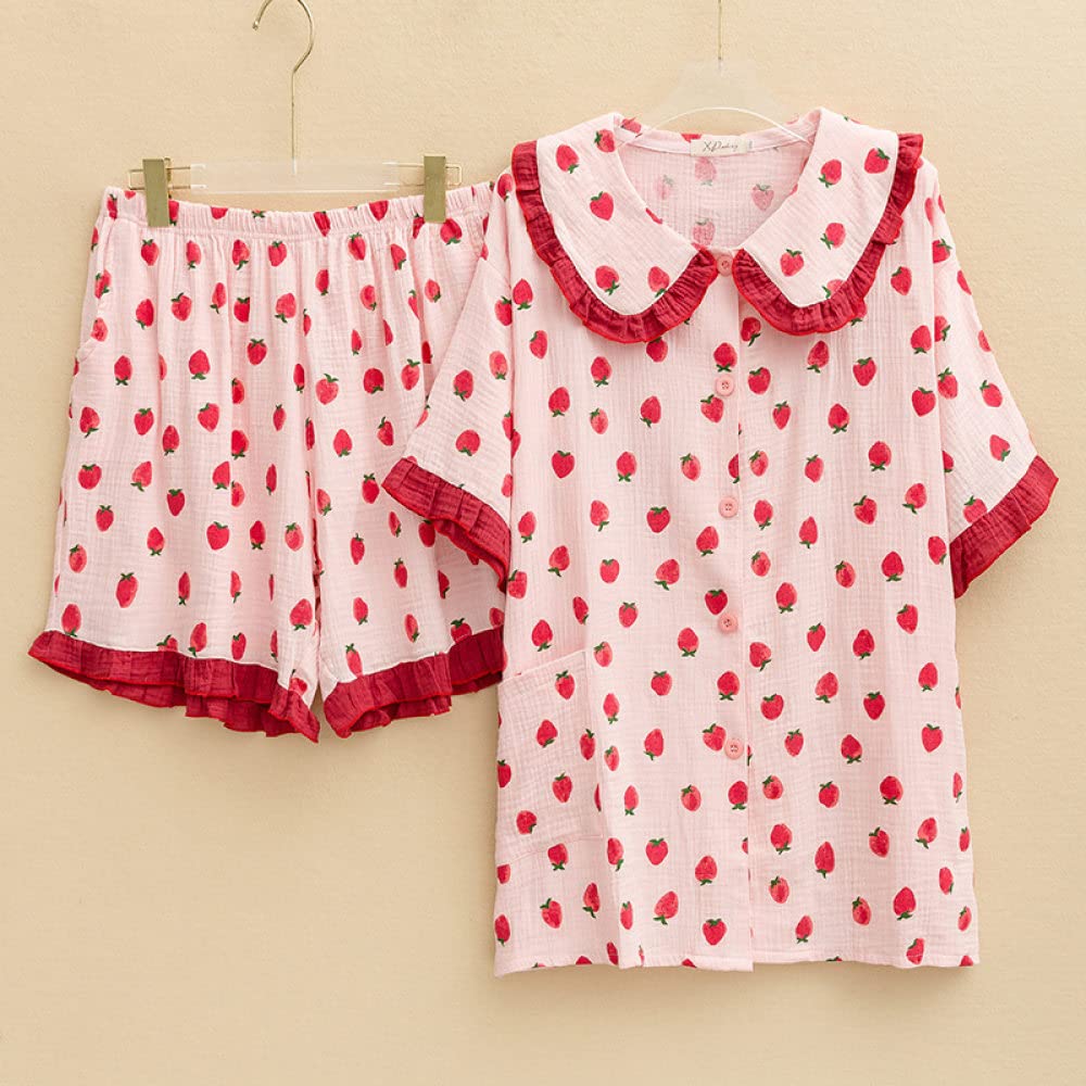 Pigiama Da Donna In Due Pezzi,Set Pigiama Da Donna, Maniche Corte Fresche E Pantaloncini Pigiama A Due Pezzi, Pigiama In Cotone Con Colletto Rosa Per Bambola Con Stampa Fragola, Pigiama Per Ragazze