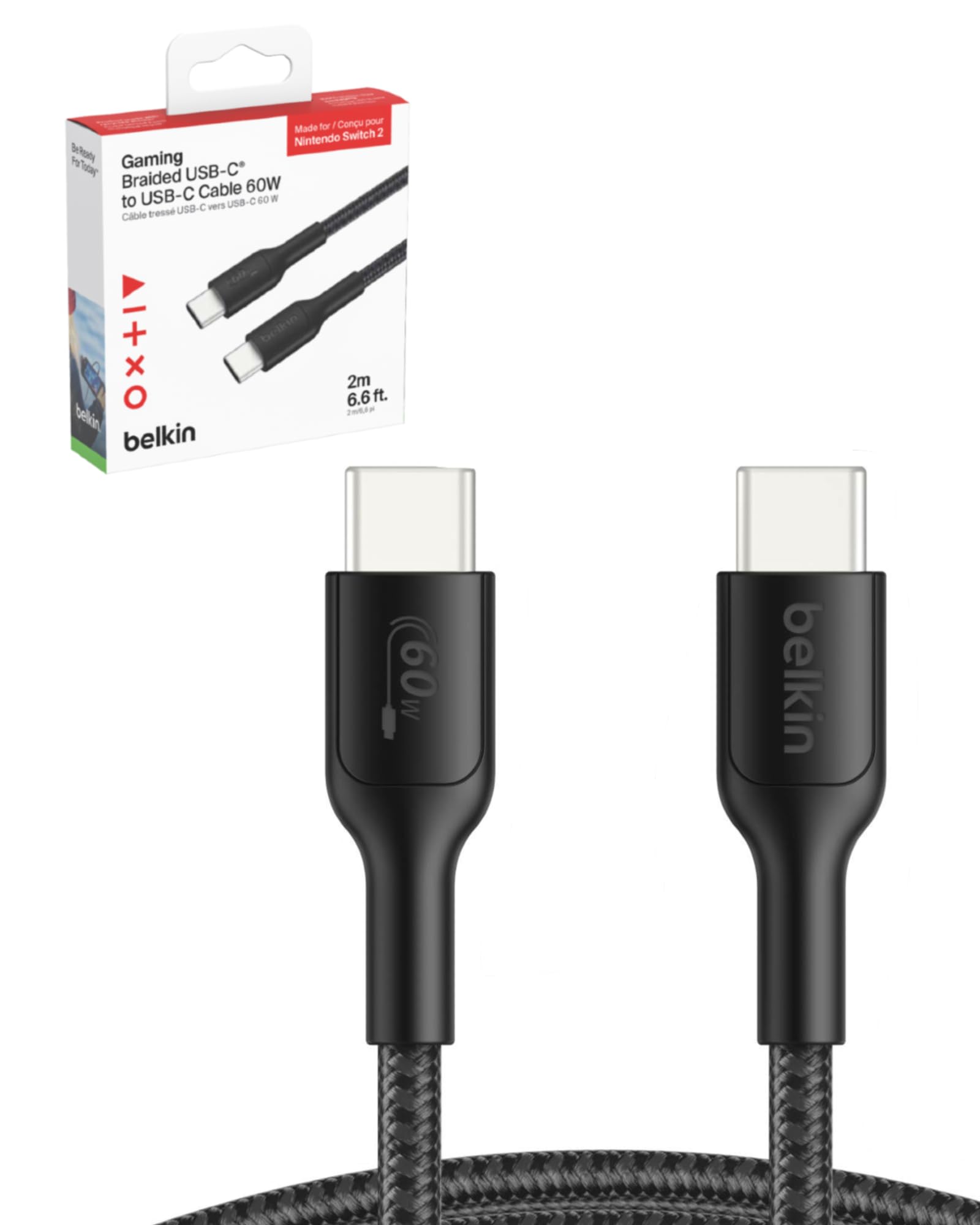 Belkin Gaming USB C to USB C Cable 60W (6.6ft), Braided Type C Charger Fast Charging for Nintendo Switch 2, iPhone 16, iPhone 15, iPad, MacBook Air,