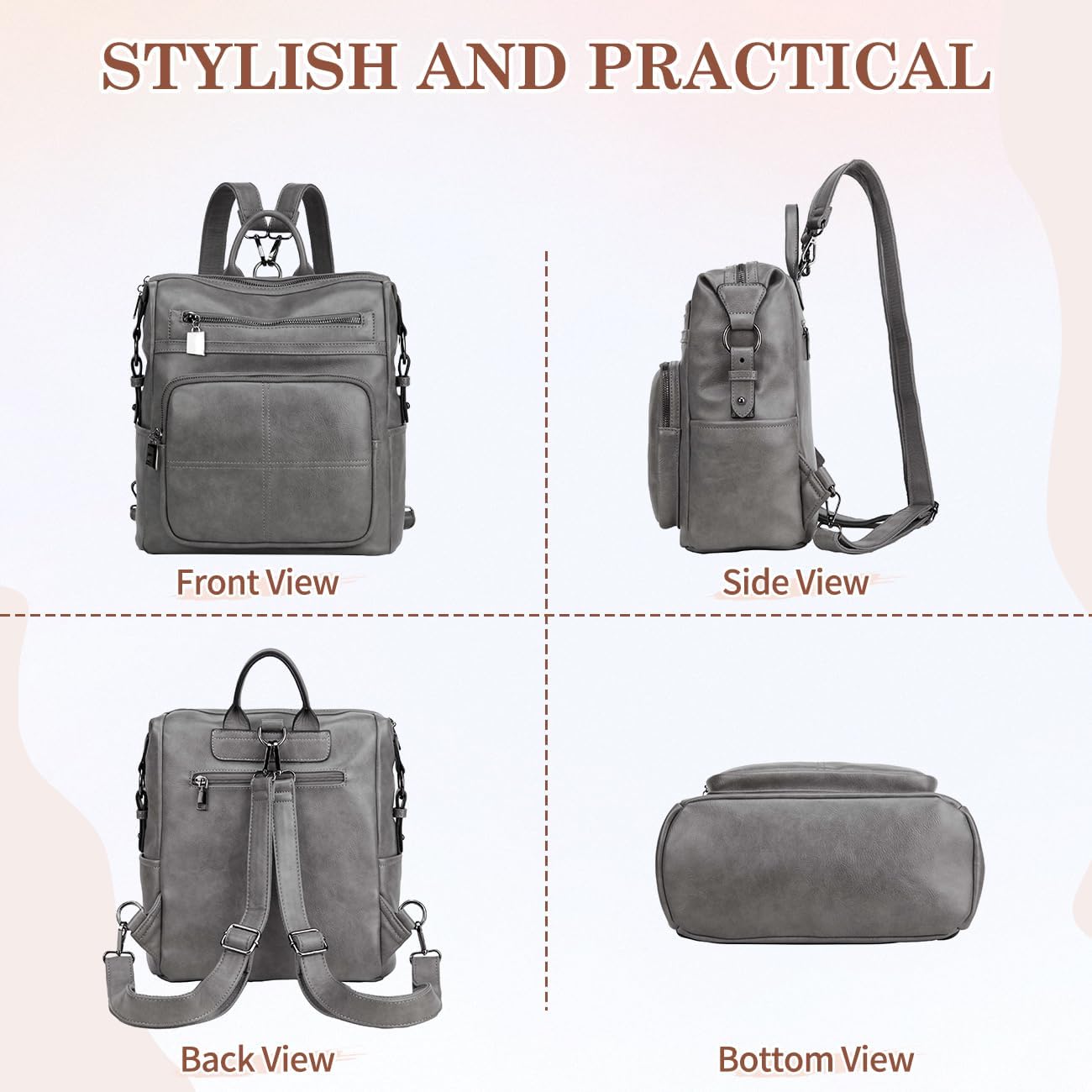 VASCHY Backpack Purse for Women,Fashion Convertible Vegan Leather Shoulder Bags Handbags for Work/Travel/Ladies/College Gray - Image 5